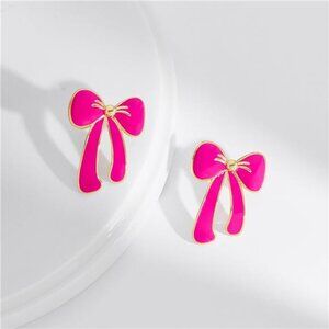 Hot Pink Bow Earrings | 18K Gold Plated Studs | Shiny Oil Drop Finish